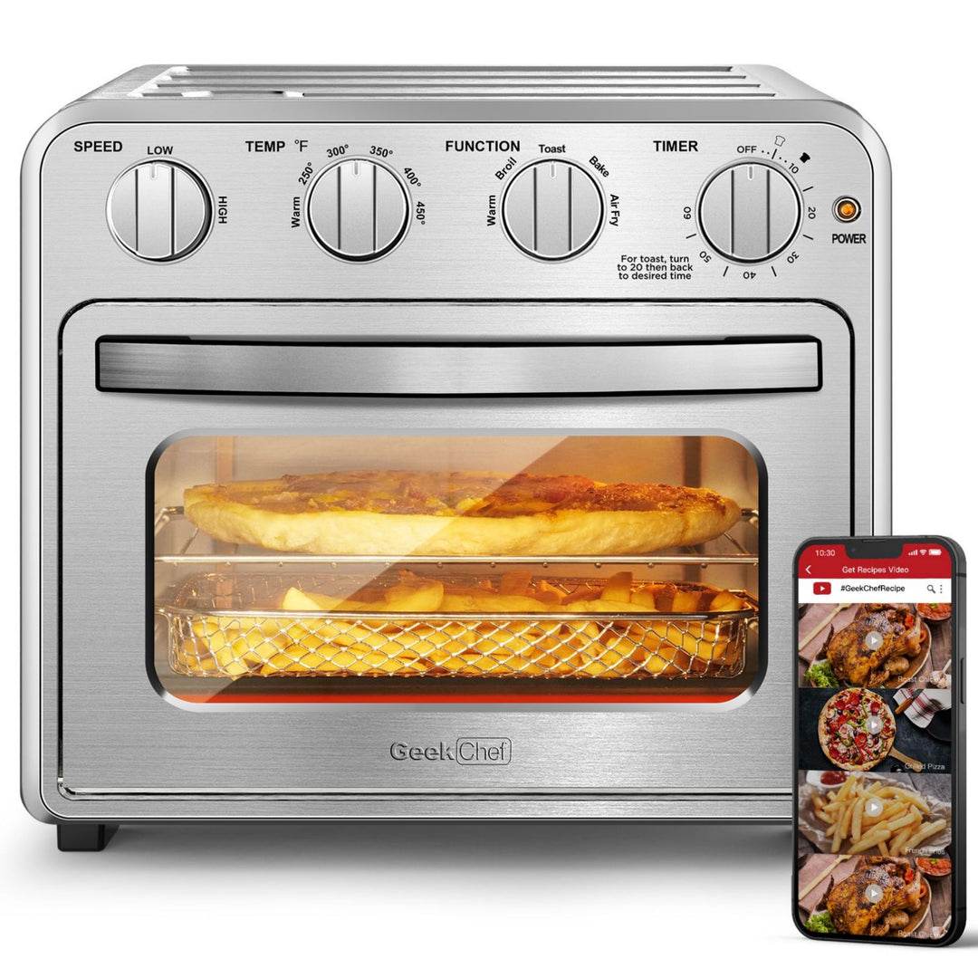 Geek Chef Air Fryer Toaster Oven Combo 4 Slice Toaster Convection Air Fryer Oven Warm, Broil Toast   Bake   Air Fry Oil-Free  Accessories Included Stainless Steel Silver 16QT Prohibit Amazon Sales